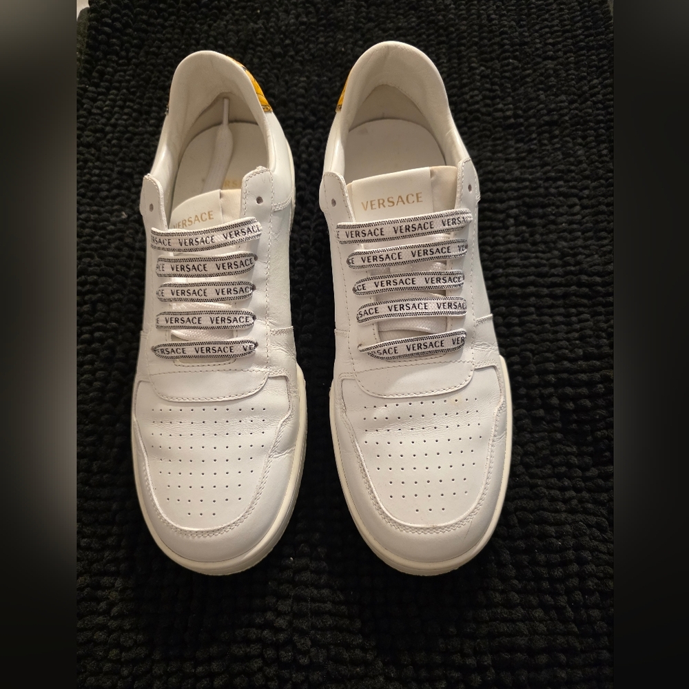Authentic Versace White Leather Logo Lace-Up Trainers with Branded Laces